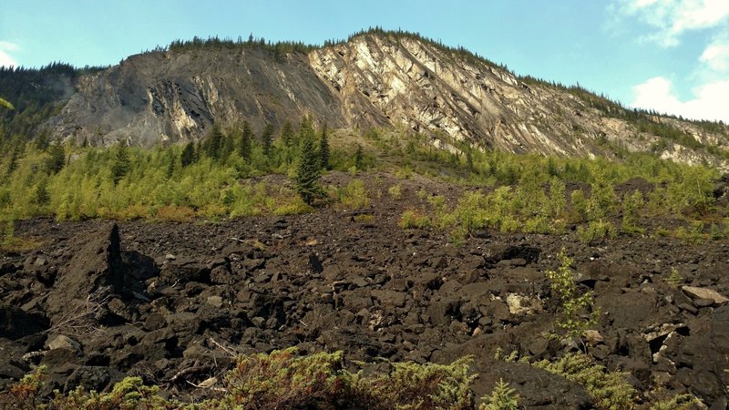 The trail runs through the bottom of an impressive rockslide that came down Doubt Hill.