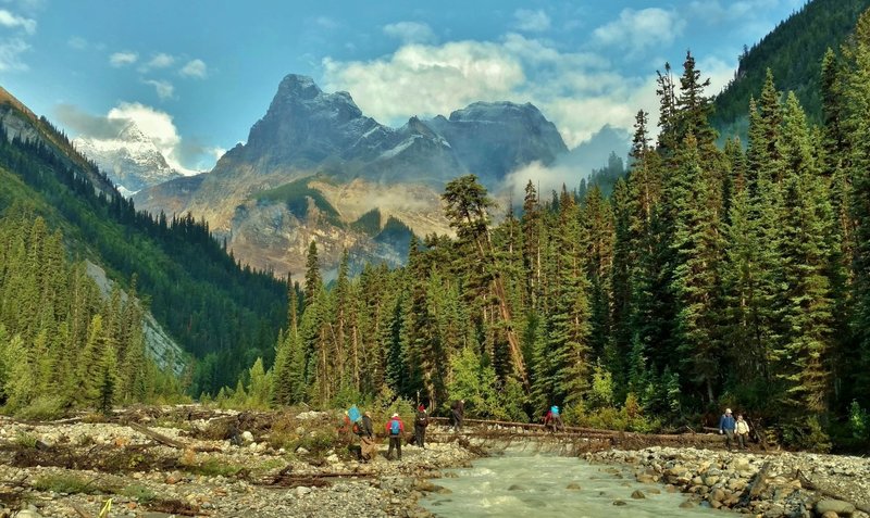 Crossing Cairnes Creek on a log bridge. Left to right, Mount Whiteaves in the distance, Mount De Margerie, and Mount Termier. Glaciers and Freshfield Icefield are behind these mountains.