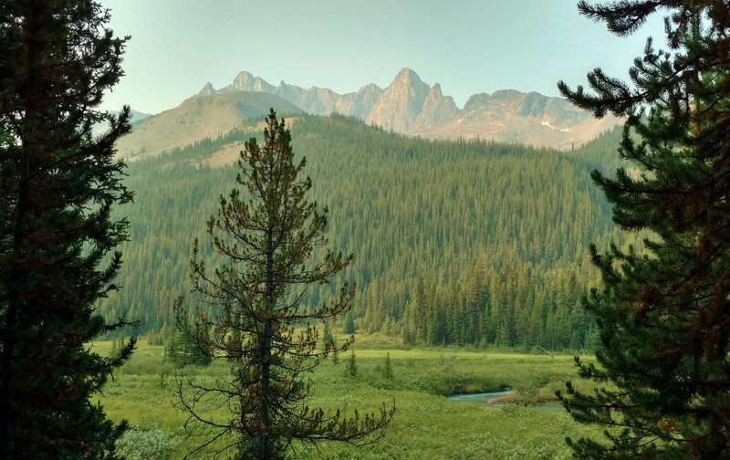 Turquoise Poboktan Creek flows through a lush meadow below Waterfall Peaks on a sunny August morning on the Poboktan Pass Trail.