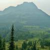 Tete Roche, the eastern-most peak of Yellowhead Mountain, as seen from the trail end on a hazy, overcast day.