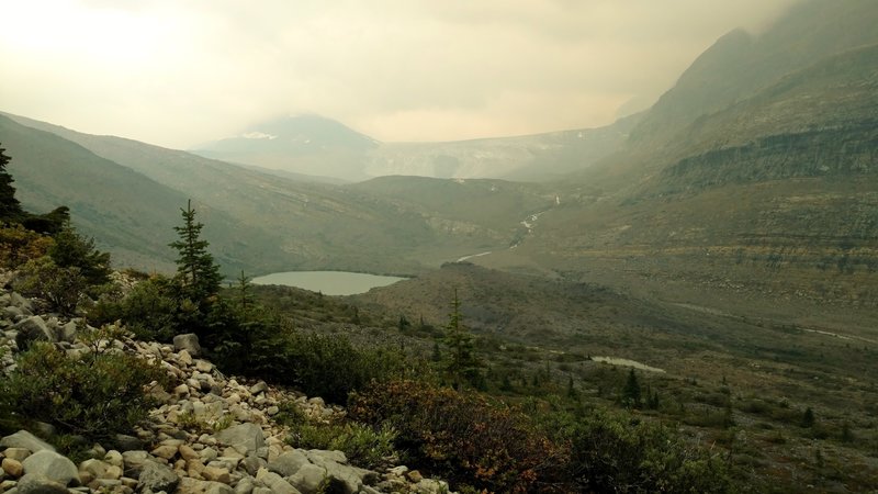 Coleman Gacier is seen in the distance from the morraine at the end of Coleman Glacier Trail on a hazy, overcast day. Yates Torrent is the glacial creek carrying melt water to the little lake and then down into Smoky River.