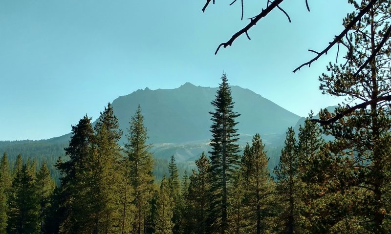 Lassen Peak. Looking closely, the slopes are completely cleared of trees. These slopes were swept away in the May 1915 eruptions.