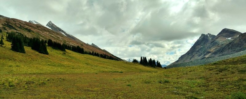 At Moose Pass, a long pass in the mountain meadows, this is the view looking southwest down the pass. The trail comes up in the center through the gap between the two ridges.