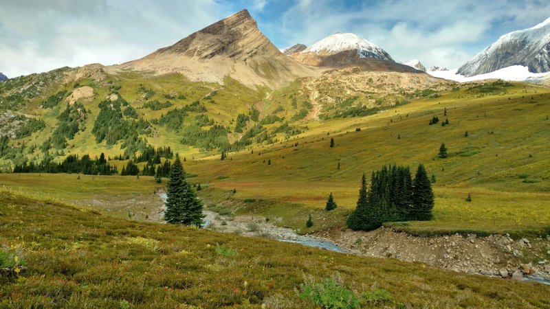 The headwaters of Calumet Creek flow down through the mountain meadows just west of Moose Pass. Seen looking west-northwest from the west side of Moose Pass.