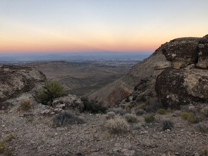 Looking towards the Las Vegas strip at dusk. At the "Muffin Tops"