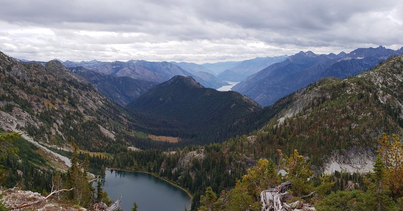 Looking down on Rainbow Lake from a nearby peak. Lake Chelan and a portion of the cascades in view looking east.