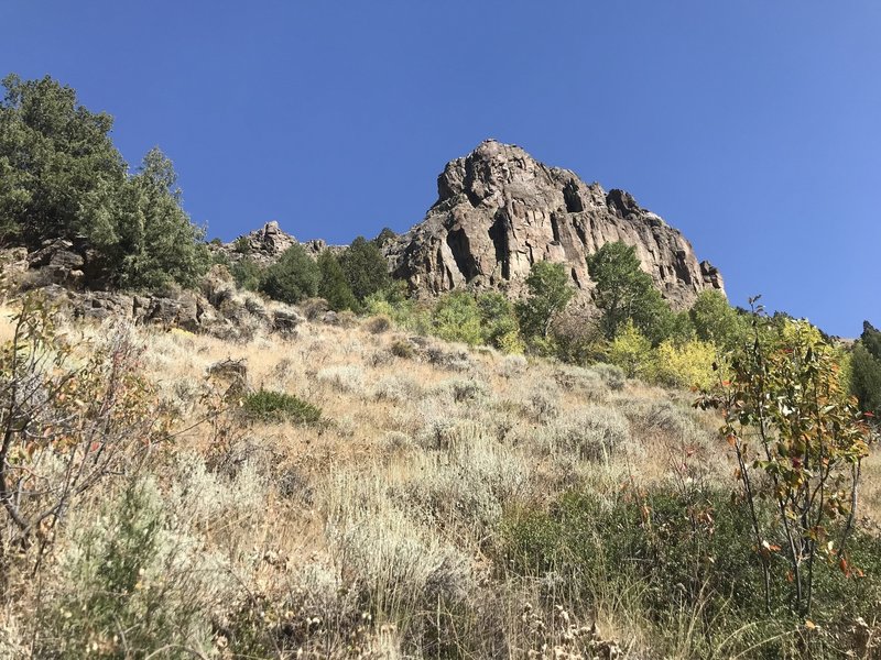 An impressive monolith on the canyon wall.