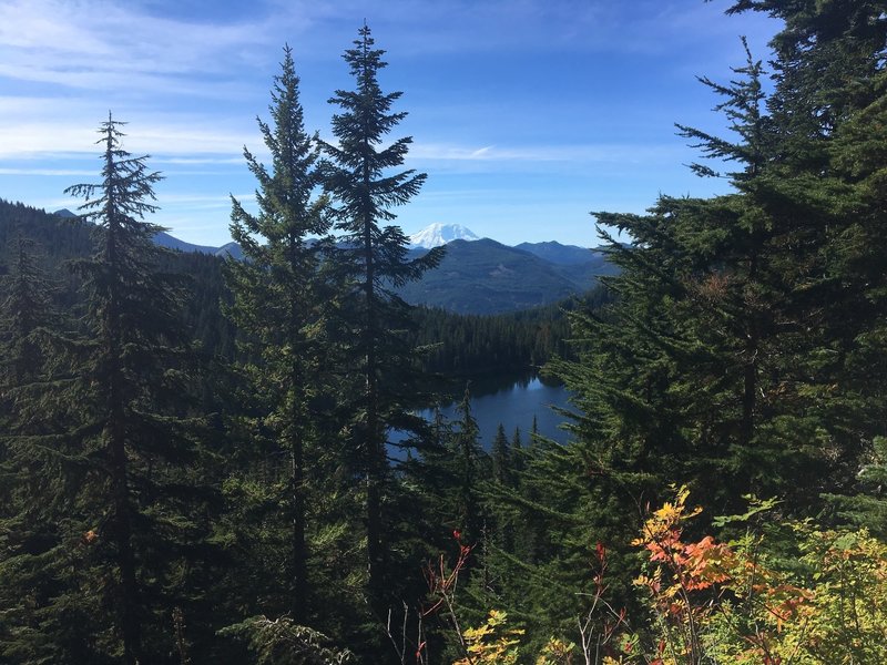 Looking down on Ollalie Lake with Mt. Rainier off in the distance. ~4 miles in on Pratt Lake Trail (from parking lot)