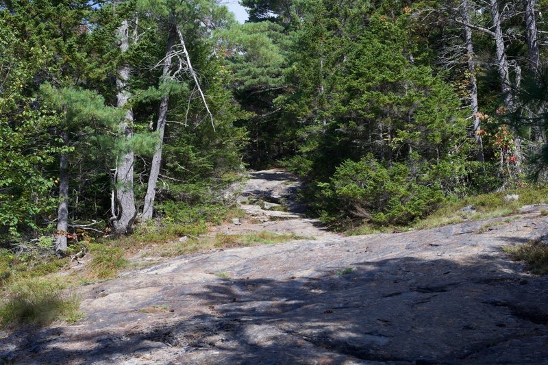 The trail crosses solid rock for a while, with blazes painted on the rock to show the way.