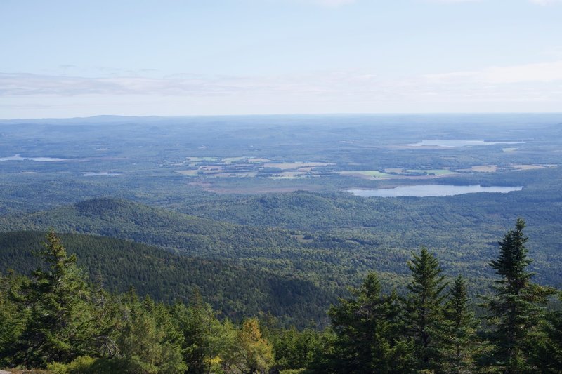 You can see the farmland below as the fields stand out against the evergreens.