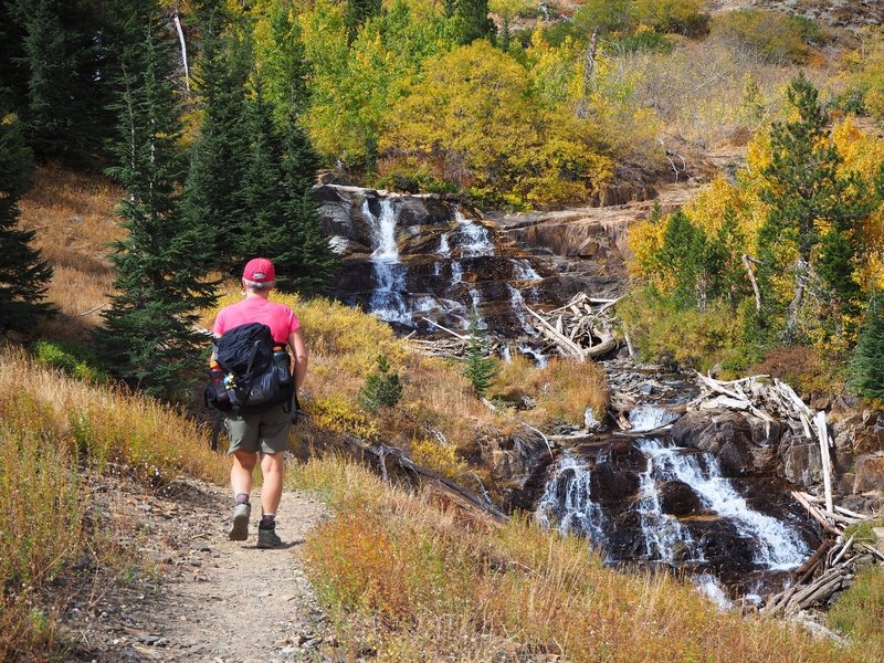 Passing the second waterfall in Lundy Canyon