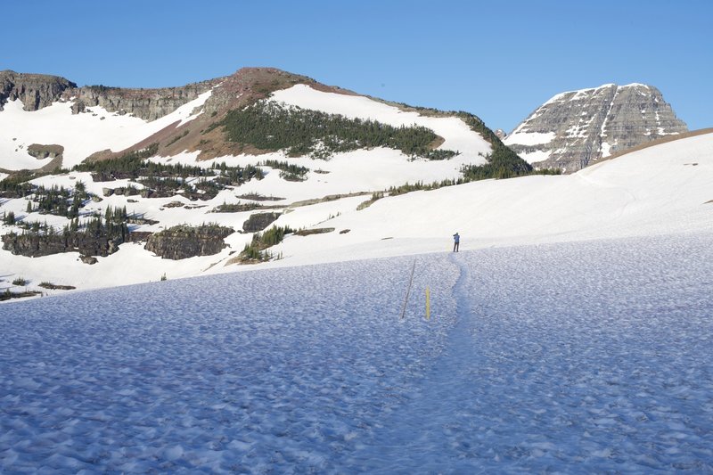 Even in late June, there can be quite a bit of snow on the trail. Poles provide a guide out to the overlook, but make sure you bring appropriate footwear and clothing.