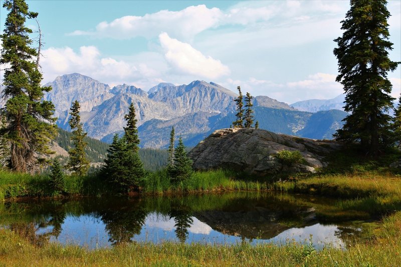 View South along Irving Hale Pass. Background Mountains surround Mirror and Crater Lakes