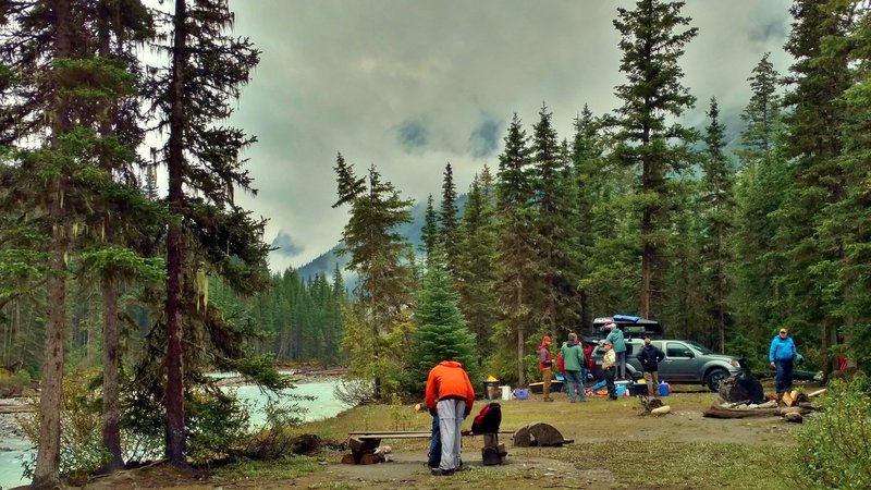 At Cairnes Creek Campground on the banks of the Blaeberry River, a GDTA trail crew packs up to head out on Blaeberry Forest Service Road.