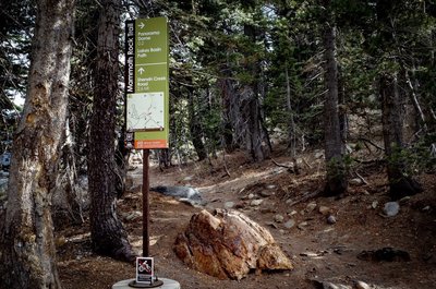 The upper trailhead of the Mammoth Rock Trail off Old Mammoth Road near Mill City Mine.