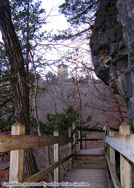 On the Spring Trail, where the upper boardwalk skirts around a cliff face. Without leaves in winter, it's easier to see distant features, such as the "castle's" water tower in the background.  About:  37.973922, -92.766711