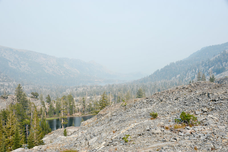 Above Ralston Lake, looking back towards Eco Lakes, through wild fire smoke.