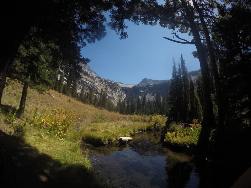 In the meadow looking up towards the scramble and the lake