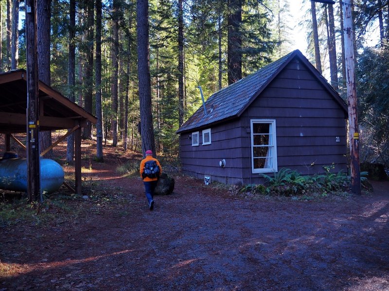 The trail starts behind Cabin #21 at the resort