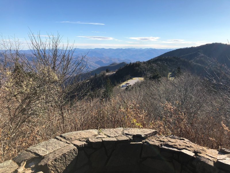 View from overlook at 0.21-mile mark looking back at trailhead parking lot.