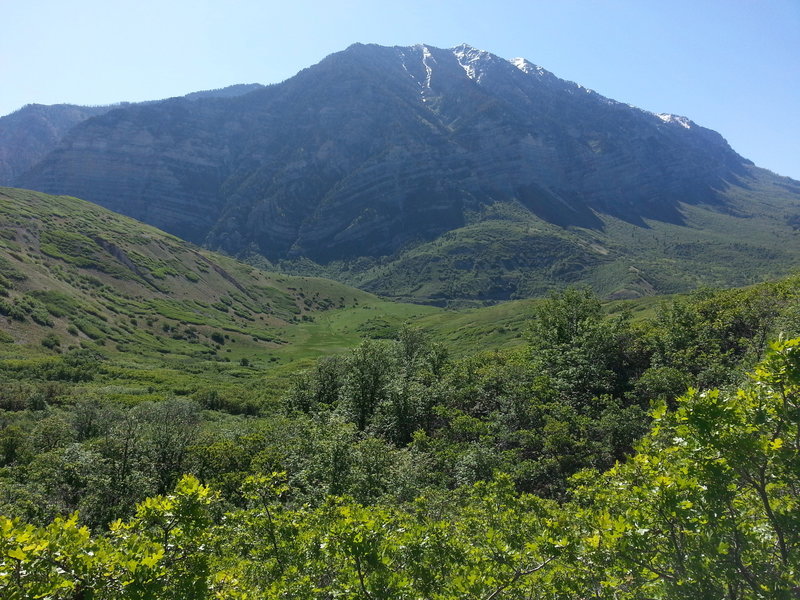 The view down into Johnson Hole toward Cascade Peak. Highway 189 is completely hidden below.