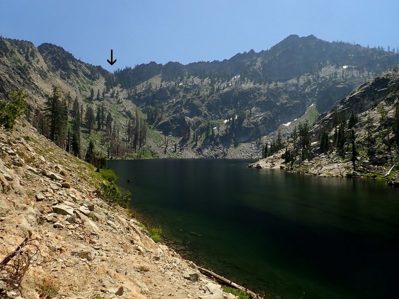 The notch (arrow) above the east end of Big Blue Lake (view dimmed by wildfire smoke)