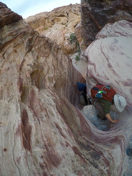 Climbing up a canyon.