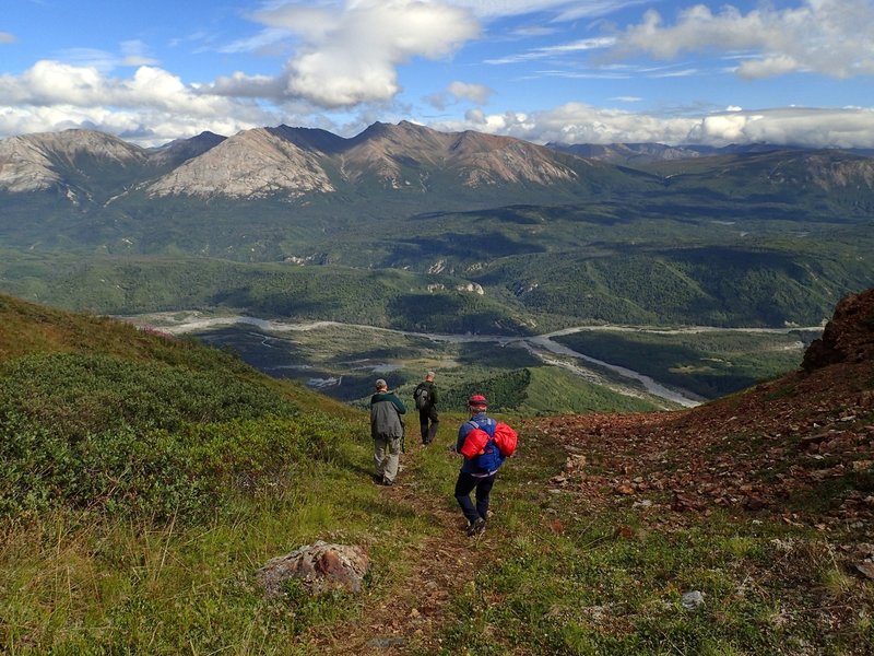 Heading back down, with pyramidal Mount Carmine in the distance