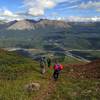 Heading back down, with pyramidal Mount Carmine in the distance