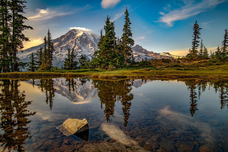 Mt. Rainier from a tarn on the way up to Plummer Peak Near The Pinnacle Peak Trail