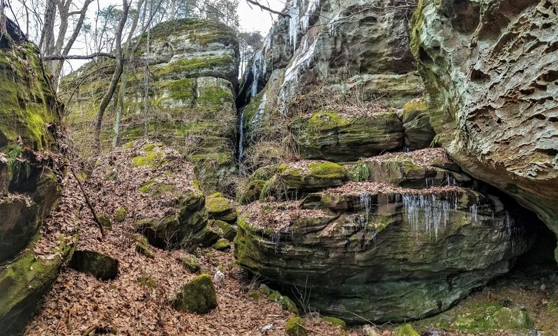 #105A goes right up through the boulders here. In contrast to the west side, this area is always bright green. There's a couple small fissure caves here too.