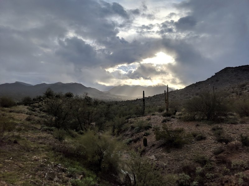 A pretty break in a winter storm, looking directly west of the trail towards San Tan Mountain. This wash is about 0.5 miles from the south end of the Dynamite Trail.
