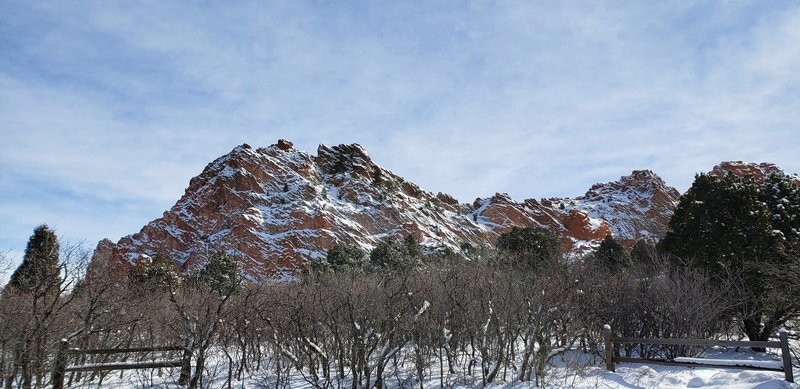 Red sandstone and fresh snow create interesting patterns.