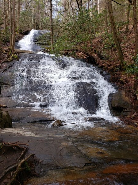 The water glistens in the sunlight as it cascades down Fall Branch Falls.