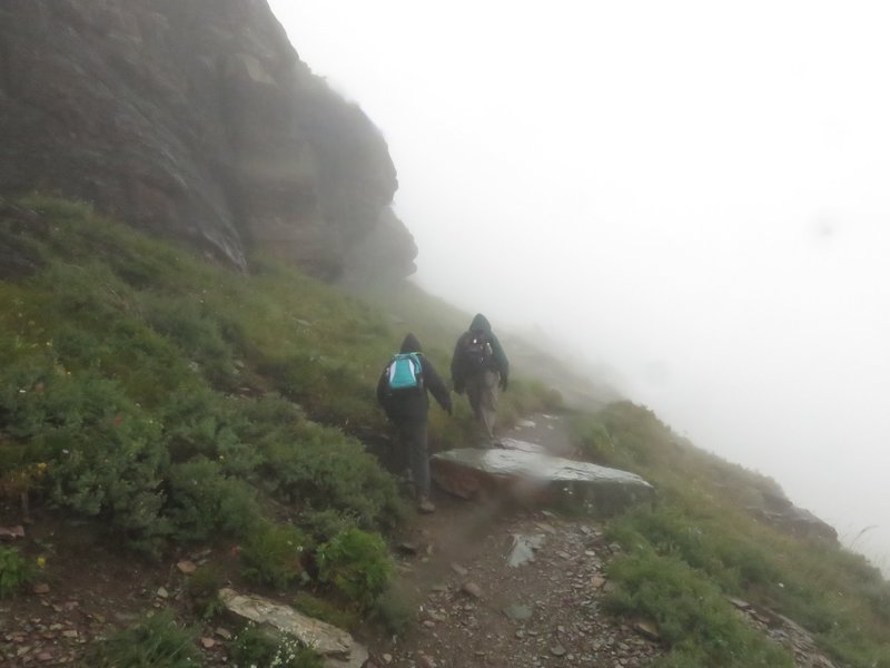 Hiking back, in a cloud, from Hidden Lake in Glacier National Park. Visibility at times was 15 feet. Early September, 2016.