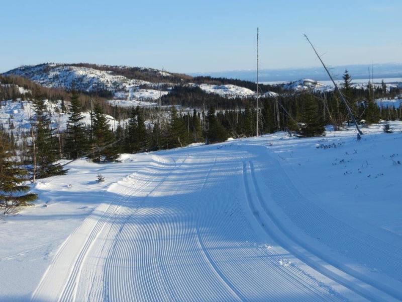 On Bohemian Trail looking down towards lower Birch Brook Trails. Find Upper Deck. Snowshoe trails E3 and D6 cross over that knoll. Lynx Trail follows the valley in front. Find Melville Lookout. Birches Run at the base is crossed by snowshoe trail D7.