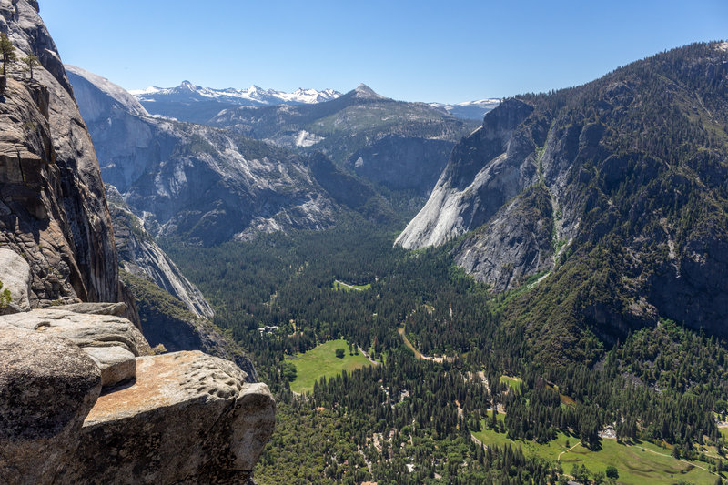 Eastern Yosemite Valley in front of a snowy mountain range backdrop.