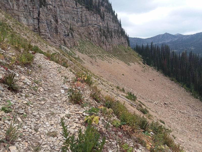 trail crossing talus slope.  great views of the two Therrault lakes from