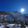 Wintertime at Willow Lake. This cliff overlooks the lake and the trail up its backbone leads to Challenger Point.