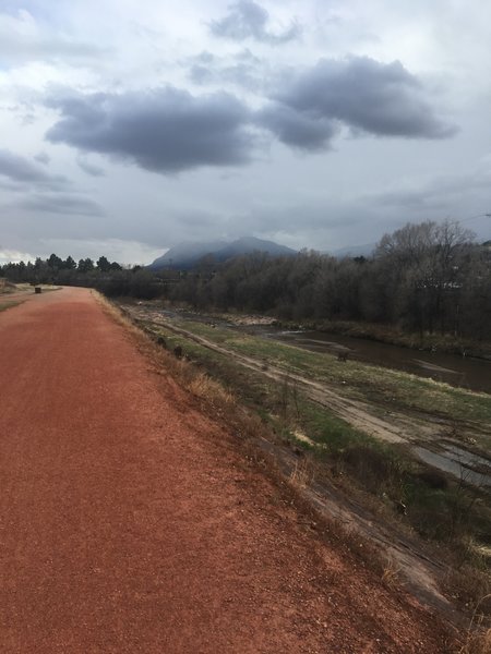 Trail is wide and has mountain view (when weather cooperates).