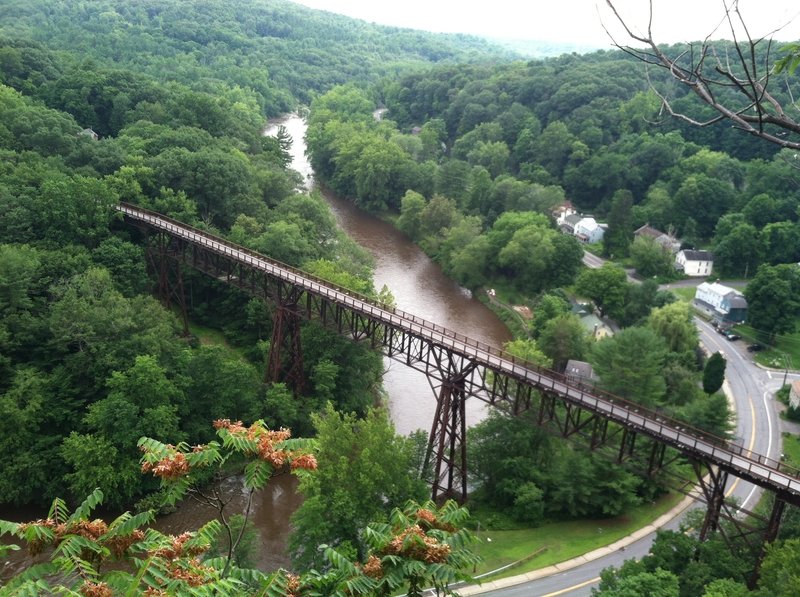 The Rosendale Trestle on the Wallkill Valley Rail Trail as seen from atop Joppenburgh Mountain in Rosendale. When built is was the highest bridge in the United States. The Joppenburgh Mountain trail is accessible from the parking lot behind Main Street in
