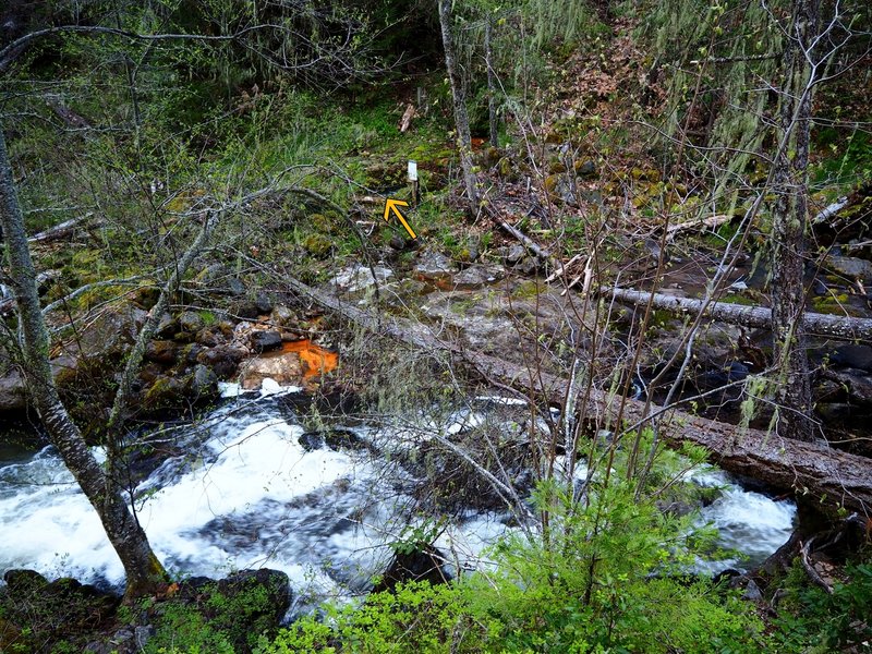 The upper crossing of Dead Indian Creek (arrow marks continuation of the trail)