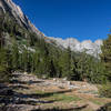 Early morning on the ascend to Rae Lakes with Mount Clarence King towering high above.