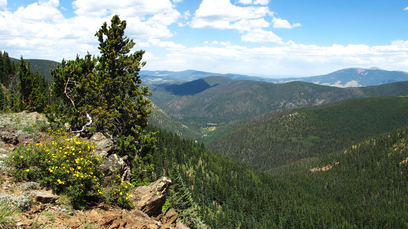 Looking down into Red River Village from the saddle below Bull of the Woods Mountain.