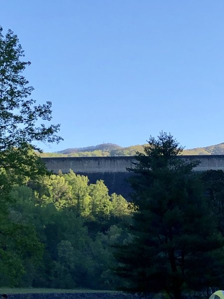 Shuckstack Fire Tower (in the middle of the picture) from the Fontana Dam Campground