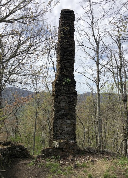 Shuckstack Fire Tower lookout cabin ruins, only a chimney and part of the footer remain.