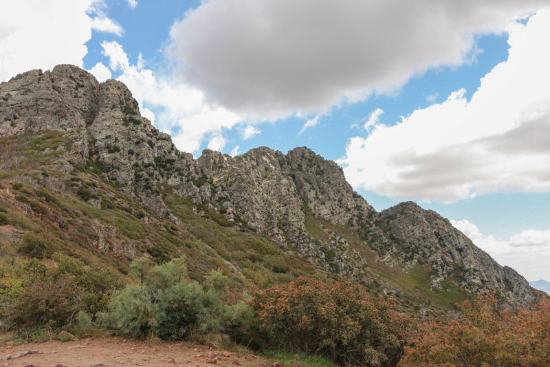 view from trail of 4 peaks rocks, trail splits in two directions, across the front or up the shoot (on the left peak).