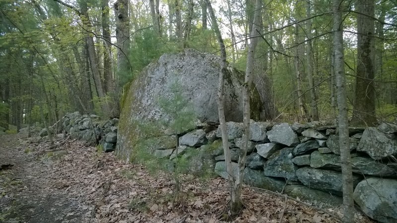 An old stone wall that incorporated a massive rock that had been there a very long time.