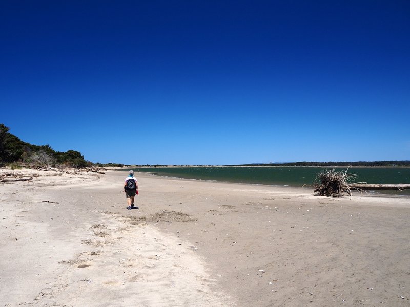 Going north along the estuary beach at low tide.