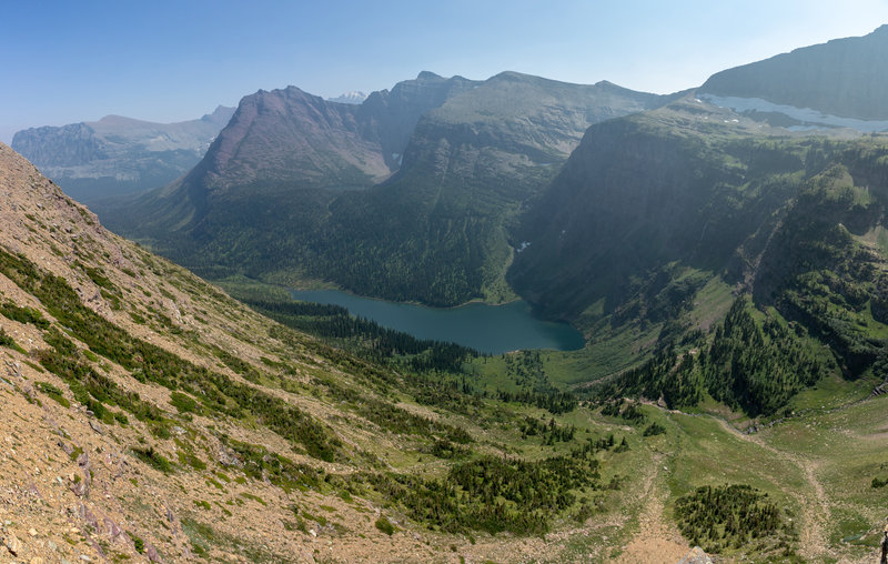 Panorama across Medicine Grizzly Lake from just below Triple Divide Pass.